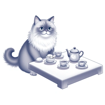 A Persian cat with long, fluffy fur is sitting at a small table designed for a tea party. The cat has large, expressive eyes and a bushy tail that curls behind it. The table is adorned with a white tablecloth, and it is set with several miniature teacups and a teapot. Each teacup is dainty, with intricate patterns, and the teapot features a graceful spout and handle. There are small plates with tiny pastries placed neatly next to the teacups, adding to the charm of the scene. The setting conveys an atmosphere of a delightful gathering.