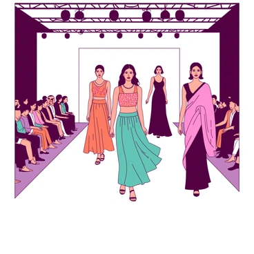 A white fashion show ramp is illuminated by bright overhead lights. On the ramp, several models are showcasing modern Indian fusion wear. Each model has a unique outfit that blends traditional elements with contemporary styles. One model is wearing a teal lehenga paired with a fitted crop top featuring intricate embroidery. Another model sports a flowing orange kurta with palazzo pants, accessorized with statement jewelry. The third model is dressed in a stylish pink saree draped over a sleek black dress. Spectators are seated on either side of the ramp, admiring the vibrant clothing on display. The overall atmosphere is energetic and filled with excitement.