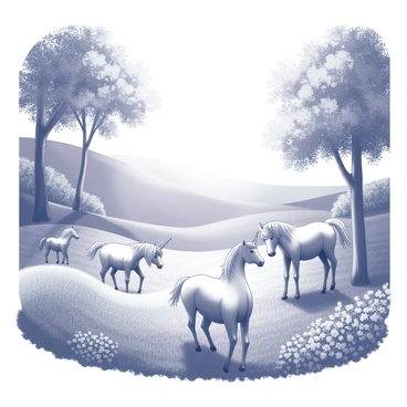 A glade filled with lush grass and gentle hills. Several unicorns are grazing peacefully, their slender bodies and spiraled horns prominent among the greenery. Sunlight filters through the leaves of tall trees, creating patches of light and shadow across the ground. The surrounding flora includes clusters of wildflowers and ferns, enhancing the serene atmosphere of the scene.