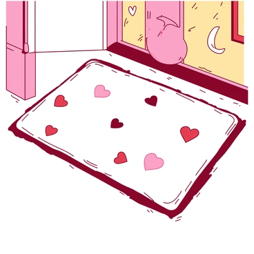 A white doormat decorated with a pattern of small red and pink hearts scattered across its surface. The doormat is placed at the entrance of a cozy home, with a gentle light falling on it, creating a warm ambiance. The edges of the doormat are slightly worn, suggesting it has been well-loved. The overall scene conveys a welcoming atmosphere for couples.
