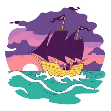 A yellow pirate ship with tattered black sails is navigating through tumultuous waves of a teal sea. The ship's flag is flapping fiercely in the wind, and its weathered wooden deck is visible with crew members securing ropes. Dark storm clouds loom overhead, partially illuminated by a dramatic sunset. The sky is a blend of orange and pink hues, casting a warm glow over the scene despite the brewing storm. The crashing waves are highlighted with foamy white crests, emphasizing the intensity of the stormy atmosphere.