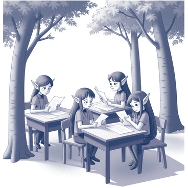 A group of young elves is gathered at wooden desks set up in an outdoor classroom. They are engaged in studying various magical texts and scrolls. Surrounding them are tall trees with intricate bark patterns and lush foliage, creating a natural canopy above. Sunlight filters through the branches, casting dappled shadows on the ground. The elves exhibit a mix of focused expressions as they practice incantations or discuss their lessons with one another. Some have pointed ears and delicate features, dressed in simple yet elegant attire suited for a scholarly environment.