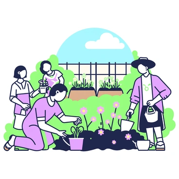 A shared community garden is alive with activity as people from various cultures come together to plant flowers. In the foreground, a woman wearing a traditional dress is kneeling beside a colorful flower bed, gently placing a young plant into the soil. Next to her, a man with a wide-brimmed hat is digging with a small spade, creating space for more blooms. Nearby, a group of children is laughing as they water the newly planted flowers with small watering cans. In the background, there are raised garden beds filled with a variety of flowers, showcasing different sizes and shapes. Lush greenery surrounds the garden, with a wooden fence partially enclosing the space, adding to the community ambiance. Above, a bright blue sky stretches overhead, bringing warmth to the vibrant scene.