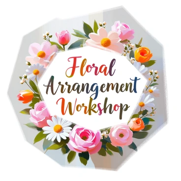 A title card for a floral arrangement workshop features an elegant layout with the title "Floral Arrangement Workshop" prominently displayed. The text is rendered in a botanical-inspired font, showcasing intricate details reminiscent of flowers and leaves. The background is adorned with delicate illustrations of various flowers, such as roses, daisies, and tulips, intertwined with lush green foliage. The color palette consists of soft pastels and vibrant floral hues, creating a fresh and inviting atmosphere.