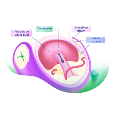 A detailed anatomical illustration of a "human spleen" is displayed prominently at the center. The spleen is drawn with intricate details, showing its texture and contours. Surrounding the spleen are labeled structures, including "red pulp" and "white pulp" sections, clearly marked. There are also labels for the "trabeculae," "hilum," and "splenic artery," with lines connecting these labels to their respective parts of the spleen. The overall layout is organized and educational, providing a clear understanding of the anatomical features of the spleen.