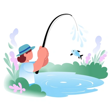 A child is standing at the edge of a quiet pond, holding a fishing rod with both hands. The child is wearing a colorful shirt and a sun hat. Water splashes as a small fish is being caught at the end of the fishing line. The surrounding area features lush greenery with tall grass and wildflowers. Light reflects off the water, creating shimmering patterns. In the background, gentle ripples can be seen spreading across the pond's surface.