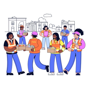 A group of volunteers is actively distributing food and supplies to citizens in a disaster-affected area. The volunteers are wearing matching bright orange vests, clearly marked with the word "VOLUNTEER." They are handing out boxes filled with non-perishable food items and bottled water. Citizens are gathered around, expressing gratitude as they receive the assistance. In the background, there are damaged buildings and debris, indicating the impact of the earthquake. The scene conveys a sense of community and support in a time of need.