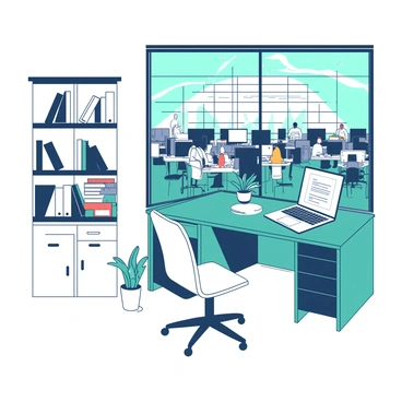 A cozy home office is set up with a teal desk and a comfortable white chair. On the desk, there is a laptop open with a bright screen displaying a document. A small potted plant sits beside the laptop, adding a touch of greenery. The room is softly lit, suggesting a warm atmosphere, and a white bookshelf is filled with various books and decorative items. Through a large window, the vibrant scene of a bustling corporate office floor can be seen. People are working at their desks, and there are modern office partitions dividing the space. The contrast between the serene home office and the busy corporate environment creates an inviting and dynamic visual.