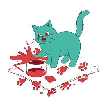 A teal cat with bright eyes is playfully dipping its paw into a container of red paint. The cat is standing on a large sheet of white paper, and its paw is raised, leaving a vibrant red paw print behind. Scattered around the area are several other paw prints in various stages of being formed. The cat's tail is flicking with excitement, and there are splashes of red paint surrounding the cat, adding to the playful scene.