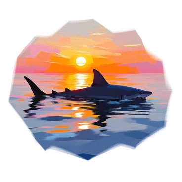 A dark silhouette of a shark gliding gracefully through the water, positioned against the backdrop of a vibrant setting sun. The sun is low on the horizon, casting warm orange and golden hues across the sky and reflecting on the surface of the sea. The water surrounding the shark is calm, with gentle ripples capturing the fading light. The shark's streamlined shape is clearly visible, creating a striking contrast against the bright colors of the sunset.