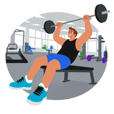 A person with a determined expression is performing "skull crushers" on a weight bench in a modern gym. The individual is wearing a fitted black tank top and blue athletic shorts, showcasing their focused posture. They have a barbell held above their head, with their arms bent at the elbows, ready to lower it. The weight bench is sleek and padded, positioned on a gray rubber flooring. In the background, various gym equipment, such as dumbbells and machines, is visible, adding to the dynamic environment of the gym. Bright overhead lights illuminate the scene, enhancing the vibrant atmosphere.