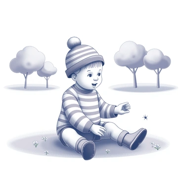 A baby wearing a "striped beanie" sits on soft grass in a park. The baby is also wearing "matching boots" that complement the beanie. The surroundings are filled with "lush green grass," and there are a few "small flowers" scattered throughout. The baby is reaching out with one hand, curious about a "small insect" nearby. In the background, there are "several trees with rounded canopies" providing shade. The overall scene captures a moment of exploration and innocence in a natural setting.