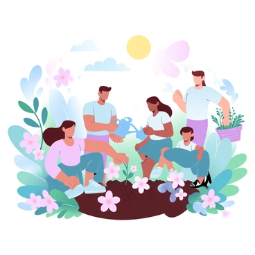 A vibrant garden filled with various colorful flowers in full bloom. Several people are actively planting flowers together, each holding a small planting tool. One person is kneeling down, carefully placing a flower into the soil, while another stands beside them, holding a watering can. Nearby, a third individual is carrying a basket filled with seedlings, ready to be planted. The surroundings are lush with greenery, and a few butterflies can be seen fluttering among the flowers, emphasizing the theme of nurturing and care. A bright sun overhead casts a warm light over the scene.
