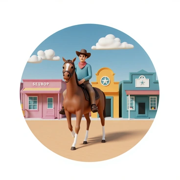 A cowboy, wearing a brown hat, a red bandana around his neck, a blue shirt, and brown chaps, is riding a chestnut horse. The horse has a shiny coat and a white blaze on its face. They are moving through a wild west town, where colorful buildings line the dusty street. The buildings include a vibrant saloon with a swinging door, a sheriff's office with a star on the door, and a general store with items displayed in the windows. The sky above is bright blue with fluffy white clouds, adding to the lively atmosphere of the scene.