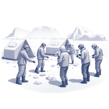A group of scientists conducting research in an icy Arctic landscape. The scientists are dressed in heavy winter gear, complete with insulated jackets and snow goggles. They are working around a research station that features large tents and equipment scattered across the snow. In the background, there are towering ice formations and glaciers reflecting the harsh conditions. Some scientists are examining samples of ice, while others are taking measurements with specialized instruments. The scene captures the starkness of the Arctic environment, with a blanket of snow covering the ground and a clear sky overhead.