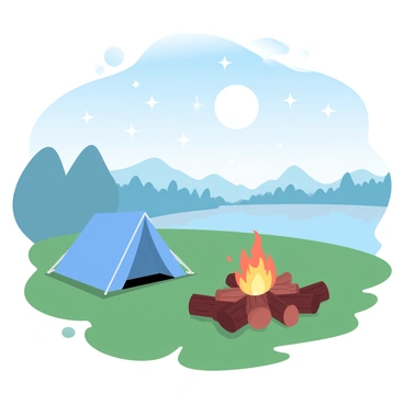 A campsite is set up by a delta with a tent pitched on the grassy shore. The tent is a vibrant blue, contrasting against the green landscape. A campfire is crackling in front of the tent, with bright orange flames dancing upward. Surrounding the fire, several logs are arranged as seating. The night sky is filled with numerous stars, twinkling brightly above the campsite. The water of the delta reflects the moonlight, adding to the tranquil atmosphere. In the background, silhouettes of distant trees can be seen framing the scene.