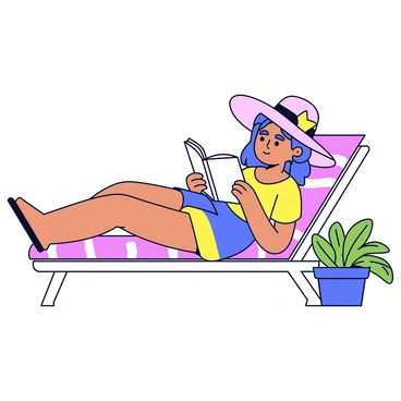 A woman lounging on a pool chair, deeply engrossed in a book with a wide-brimmed hat shading her face