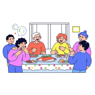 A family gathered around a rectangular dinner table, enjoying a traditional meal. The table is set with a colorful tablecloth and plates filled with various dishes. In the center, there is a large platter of herring, garnished with fresh herbs. Each family member is smiling and engaging with one another. The background includes a simple wall decoration and a window letting in soft light.