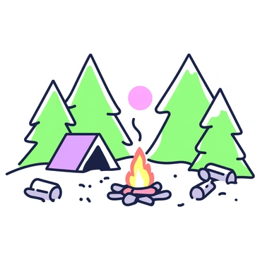 A winter morning scene depicts a campsite blanketed in fresh snow. In the foreground, there is a campfire with smoke rising gently into the air. Surrounding the campfire, there are wooden logs arranged for seating. In the background, tall evergreen trees are dusted with snow, forming a serene frame around the campsite. A pale sun can be seen peeking through the branches, casting soft shadows on the ground. Small animal tracks are visible in the snow, leading towards the tree line.