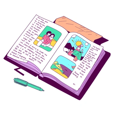 An open journal lies on a wooden table, showcasing a variety of colorful illustrations depicting significant life events such as birthdays, graduations, and travel adventures. Each illustration is vibrant, capturing the essence of the moments. Beside the illustrations, handwritten notes detail SudLife policy information, neatly organized and easy to read. The pages of the journal are slightly curled at the edges, suggesting it has been well-loved and frequently referenced. A teal pen rests beside the journal, waiting to capture more memories.