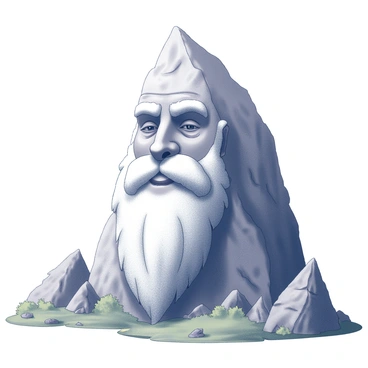 A tall, majestic mountain with a rugged, textured surface that rises sharply into the sky. The mountain has a prominent face carved into its side, featuring deep-set eyes and a wise expression. Below the eyes, there is a detailed beard made of snow that cascades down the slopes, appearing fluffy and thick, contrasting with the rocky surface. The overall scene conveys a sense of grandeur and ancient wisdom. The surrounding landscape consists of rocky terrain and patches of greenery at the base.