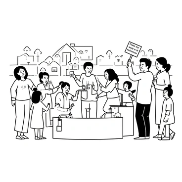 A group of diverse individuals gathered around a newly completed water well. Children are laughing and playing nearby, while adults are smiling and interacting with one another. Some community members are holding signs that say "Thank You" and "Water for All." A few people are filling containers with water from the well, showcasing its importance to the community. The well itself is constructed from sturdy materials, with a hand pump visible on the side. In the background, there are trees and small houses indicating a rural setting.