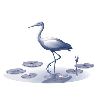 A "cigogne" stands elegantly in the shallow waters of a swamp. The bird has long legs and a long neck, its feathers appearing sleek and distinct. It is wading through the water, searching for food. Surrounding the "cigogne," there are several "lily pads" floating on the surface, some with delicate flowers blooming. The overall atmosphere conveys a serene habitat, with the reflections of the bird and lily pads shimmering on the water's surface.
