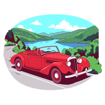 A red classic vintage car is parked along a winding road. The car is gleaming under the sunlight, showcasing its polished chrome details and elegant curves. In the background, there are rolling hills covered in lush green trees, framing the serene blue waters of Lake Como. The lake's surface sparkles with reflections of the surrounding mountains. Fluffy white clouds drift across a bright sky, completing this picturesque scene.