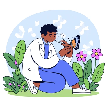 An entomologist studying a colorful butterfly through a loupe in a lush garden