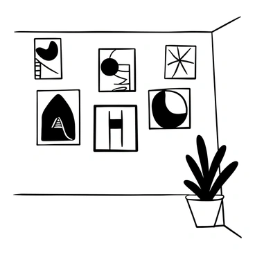 A wall featuring several mid-century abstract paintings with bold geometric shapes and patterns. Each painting displays a unique arrangement of forms and lines. The wall has a smooth texture, and there is a wooden frame around each piece of art. The floor is hardwood, and a decorative plant stands in the corner, adding a touch of greenery to the space.