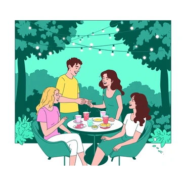 A teal garden setting is adorned with warm white string lights hanging between trees. In the center, a small table is set with colorful drinks and an assortment of snacks. Four friends are gathered around the table, laughing and sharing stories. Two of the friends are standing, one with short brown hair wearing a yellow shirt, and the other in a pink dress. The other two friends are seated, one with long blonde hair in a teal dress, and the other with curly black hair wearing a white t-shirt. The background is filled with green foliage and flowers, creating a vibrant atmosphere.