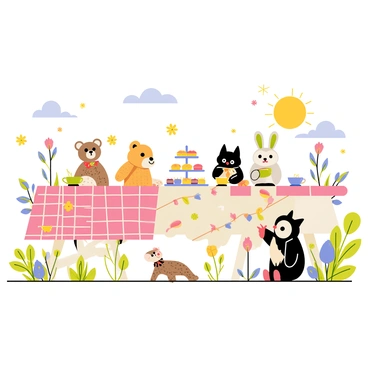 A whimsical tea party setup in a garden with stuffed animals as guests