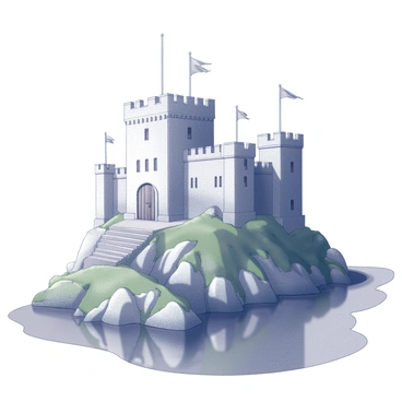 An ancient castle with towering stone walls and turrets is perched on a rocky hill. The castle features multiple flagpoles, each displaying flags that flutter in the wind. Below the hill, a river flows steadily, reflecting the surrounding landscape. The castle's entrance is marked by a large wooden door, and several narrow windows are visible along the upper levels. Lush greenery surrounds the hill, adding to the natural beauty of the scene.