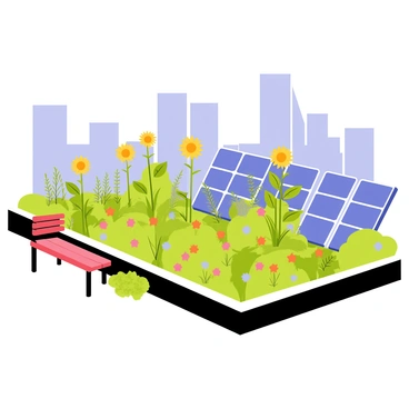 A rooftop garden filled with vibrant green plants and colorful flowers is flourishing next to several solar panels on an urban building. The garden features a variety of plants, including tall sunflowers, bushy herbs, and cascading vines, all arranged in neat rows. The solar panels glisten under the sunlight, mounted securely on the rooftop. In the background, the silhouette of city skyscrapers can be seen against the blue sky, adding to the urban setting. A small wooden bench sits near the edge of the garden, inviting visitors to relax and enjoy the view.