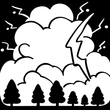 A swirling mass of thunderclouds fills the sky, depicted with dynamic shapes and lines. The clouds are layered, creating a sense of depth and movement. Jagged flashes of lightning emerge from the clouds, illuminating portions of the dark sky. Below, silhouetted trees sway under the tumultuous winds, adding to the intensity of the storm. The overall scene conveys a feeling of power and chaos, capturing the drama of the stormy atmosphere.