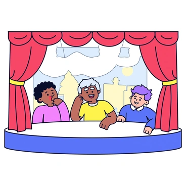 A theater stage with a red velvet curtain partially drawn back. Several actors are positioned in dramatic poses, each displaying exaggerated facial features. One actor has wide eyes and a gaping mouth, while another has raised eyebrows and a hand on their cheek. The third actor is smiling broadly with their eyes squinting. The backdrop features a simple painted scene, enhancing the theatrical atmosphere. The stage is illuminated with bright, focused lights shining down on the performers.