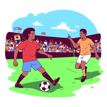 A vibrant soccer field is set under a clear blue sky. In the foreground, "Ronaldinho" is skillfully dribbling a "black and white soccer ball" with his trademark smile. He is wearing a red jersey and blue shorts, showcasing his iconic style. Facing him is another soccer legend, dressed in a contrasting orange jersey and white shorts, poised to defend. Surrounding them are enthusiastic fans in the stands, waving flags and cheering, adding energy to the friendly match atmosphere. The grass of the field is lush and well-maintained, highlighting the excitement of the moment.