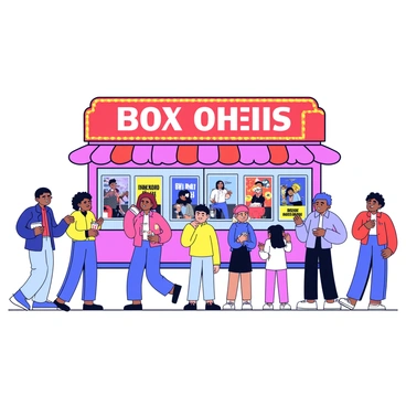 A vibrant movie theater box office with a bright red marquee displaying the titles of current films. The box office window is framed by colorful posters of upcoming movies. In front of the box office, there is a line of diverse people waiting to book tickets. Some individuals are holding popcorn and drinks, while others are discussing which movie to watch. The atmosphere is lively, with people excitedly chatting and children pointing at the posters.