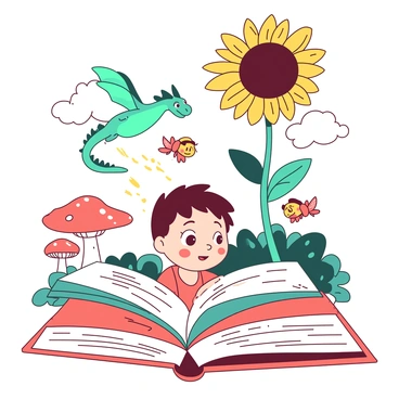 A young child with wide eyes and an expression of wonder is standing in the center of an open storybook. The pages of the book are filled with colorful illustrations of fantastical creatures and magical landscapes. To the left, a teal dragon is soaring through the air, its wings spread wide. On the right, a group of small orange fairies is fluttering around, leaving a trail of sparkling dust behind them. Above the child, a giant yellow sunflower is leaning down, its petals reminiscent of a welcoming smile. The background is filled with whimsical details, including oversized mushrooms and swirling clouds, creating a vibrant and enchanting atmosphere.