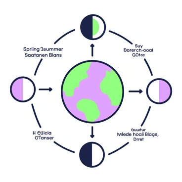 An illustration depicting the connection between Earth's cycles and menstruation is presented. In the center, a circular diagram represents the Earth with distinct sections showcasing the four seasons: spring, summer, autumn, and winter. Surrounding this diagram, symbols representing the lunar phases are visible, including a new moon, first quarter, full moon, and last quarter. Interconnected lines link these symbols to a series of circles illustrating a menstrual cycle, each marked with days of the cycle. Each circle is labeled with corresponding stages of menstruation: menstruation, follicular phase, ovulation, and luteal phase. The entire composition emphasizes the harmony between nature's rhythms and the human experience.