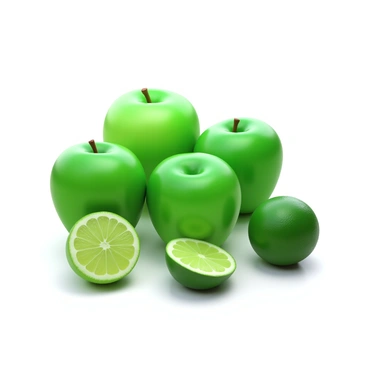 A still life arrangement featuring a collection of emerald-hued fruits. The composition includes shiny green apples and bright limes, all placed on a clean, white surface. The fruits are arranged in a way that highlights their vibrant colors and textures, with reflections showing on their surfaces. Each apple and lime has a natural sheen, emphasizing their freshness and richness in color.
