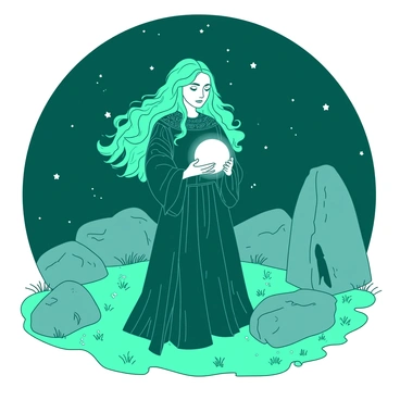 A teal medieval witch with long flowing hair is standing within a circle of large, weathered stones. She is wearing a long, dark robe adorned with intricate silver patterns. In her hands, she holds a glowing orb that lights up her face and the stones around her. The sky above is filled with bright stars, with a few wisps of clouds scattered throughout. The ground is covered in grass and small flowers, adding contrast to the scene. The atmosphere is charged with magic as the witch focuses on the orb, surrounded by the strength of the ancient stones.