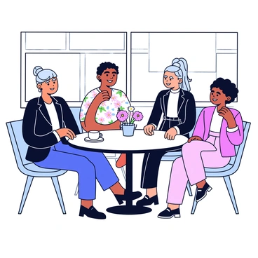 A group of four fashionistas is sitting at a round table in a stylish café. Each person is dressed in trendy outfits, showcasing the latest Dior collections. The first fashionista wears a black and white dress with a tailored silhouette, while the second sports a sleek blazer paired with high-waisted trousers. The third is adorned in a floral-patterned jumpsuit, and the fourth showcases a pastel-colored skirt with a fitted top. On the table, there are elegant coffee cups and a small vase with fresh flowers. The café has modern décor, including large windows with natural light streaming in. The fashionistas are animatedly discussing the outfits, with smiles and gestures that suggest excitement.