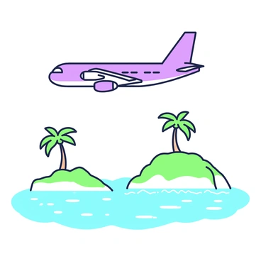 An air force transport plane is flying above a series of small islands. The plane is depicted in mid-air, with its wings spread wide. Below, the turquoise sea is visible, with gentle waves lapping against the shores of the islands. Each island is surrounded by sparkling water and features lush, green vegetation. A couple of palm trees are on one of the islands, providing additional detail to the scene. The sky above is clear, emphasizing the plane's flight path.