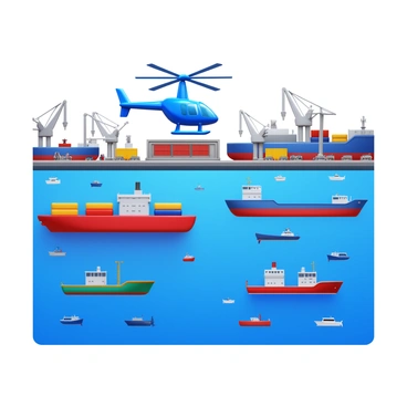 A helicopter flying low over a busy harbor filled with various ships. The harbor features large cargo vessels, small fishing boats, and pleasure crafts, all anchored and maneuvering in the water. The helicopter has its rotors spinning, creating a sense of movement. The scene includes a backdrop of cranes and loading docks alongside the waterfront. The harbor is bustling with activity, with people seen on the decks of the ships and along the docks.