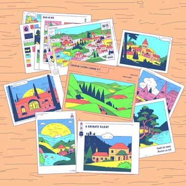 A collection of vintage postcards is laid out on a wooden surface. Each postcard features colorful illustrations of whimsical towns, complete with quirky architecture, playful characters, and lush landscapes. One postcard showcases a small town with pastel-colored houses and winding cobblestone streets, while another depicts a vibrant sunset over rolling hills dotted with trees. The postcards vary in size and design, creating a charming and nostalgic display. Some feature decorative borders, while others are adorned with artistic flourishes, capturing the essence of each unique scene.