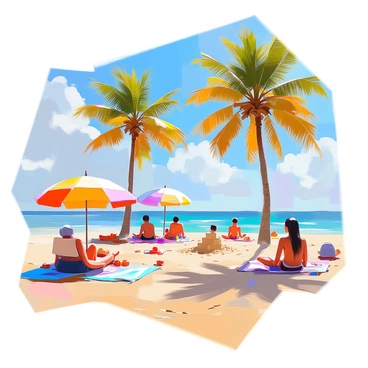 A sunny beach scene featuring golden sand stretching out towards the turquoise ocean. Several tall palm trees are swaying gently in the breeze, providing shade. Colorful umbrellas are scattered across the sand, with some partially opened, creating areas of shade. Groups of people are lounging on beach towels, some reading books, and others playing games. A few children are building sandcastles nearby, while others are splashing in the shallow water. The sky is bright blue with a few fluffy white clouds, enhancing the cheerful atmosphere of the beach.