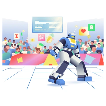 A robotics competition is taking place in a large arena filled with spectators. In the foreground, a sleek, metallic robot is performing tricks that mimic a "sonic boom explosion." The robot has shiny blue and silver panels, with lights flashing in rhythmic patterns. Surrounding the robot are several colorful banners and flags representing different teams. In the background, a digital scoreboard displays the competition's progress, and excited spectators are cheering, capturing the vibrant atmosphere of the event. The ground is marked with various patterns and lines indicating the performance area.