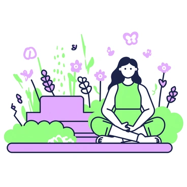 A person is sitting cross-legged on a smooth stone path in a garden. The individual has long, flowing hair and is dressed in a simple earth-toned outfit. Surrounding them are various plants and flowers in green and purple shades, some with soft petals and others with leafy textures. A small stone fountain is in the background, gently bubbling with water. Butterflies are fluttering around, adding a sense of lightness to the peaceful atmosphere. A few small pebbles line the edge of the path, enhancing the natural setting. The person's eyes are closed, and their hands rest on their knees, creating a sense of stillness amidst the vibrant garden.