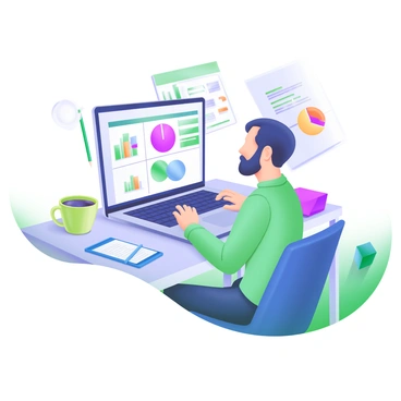 A consultant sitting at a sleek desk, intently analyzing data on a laptop. The screen of the laptop displays various graphs and pie charts. Surrounding the consultant are colorful printed charts and graphs spread out on the desk. There is a blue notepad with notes and a pencil placed beside the laptop. A cup of coffee sits on the desk, adding a touch of warmth to the scene. The overall atmosphere is focused and organized, highlighting the consultant's work environment.